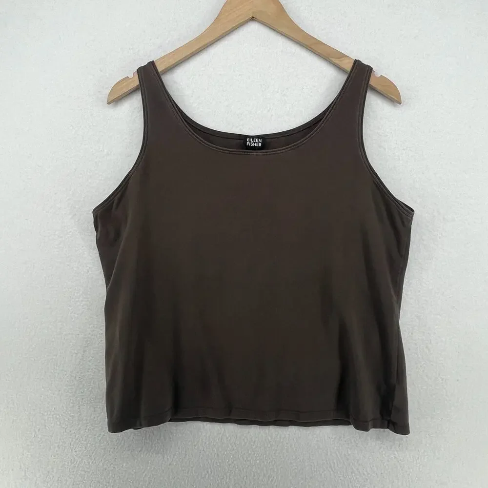 EILEEN FISHER Tank Top XL Stretch Cotton Jersey Scoop Neck Shell Brown USA
